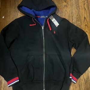 Ralph Lauren Black Hoodie with Red Accents and Blue Fleece Lining